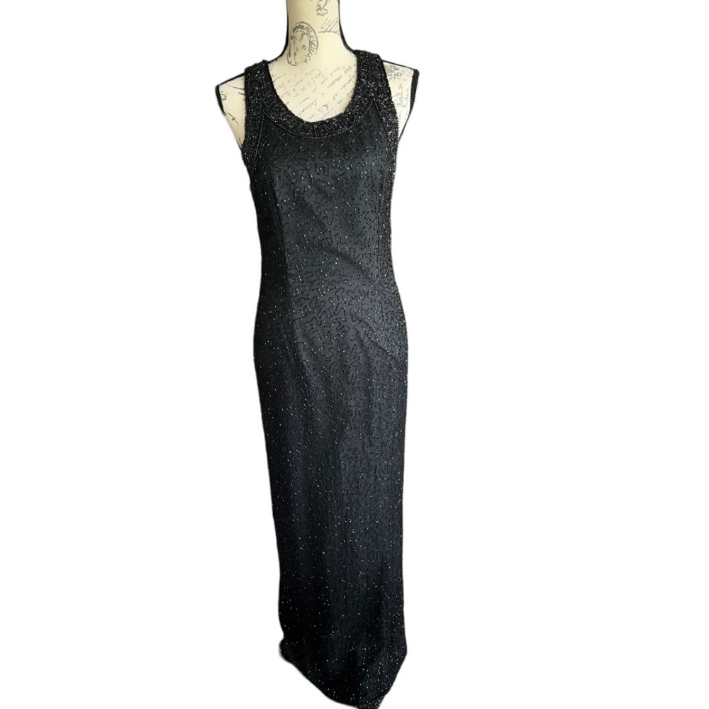 Laurence Kazar NY 100% Silk Shell Black Sequin  Beaded Cocktail Dress Size M